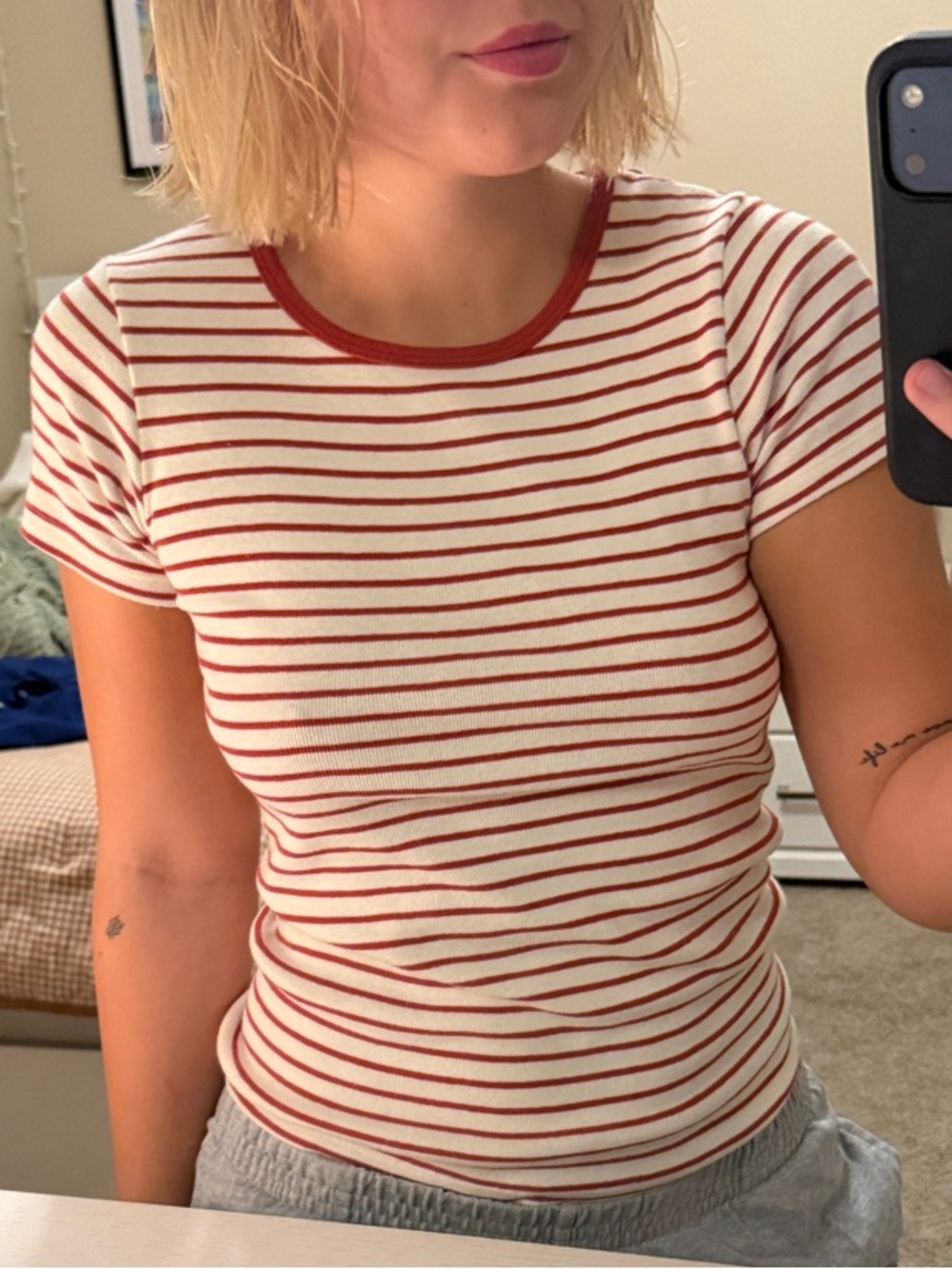 Brandy Melville Cream & Rust Striped Ribbed Short Sleeve Tee